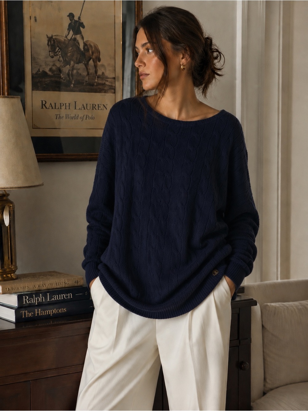 Ralph Lauren Sport Cable Knit Wool Cashmere Blend Oversized Sweater XL Old Money